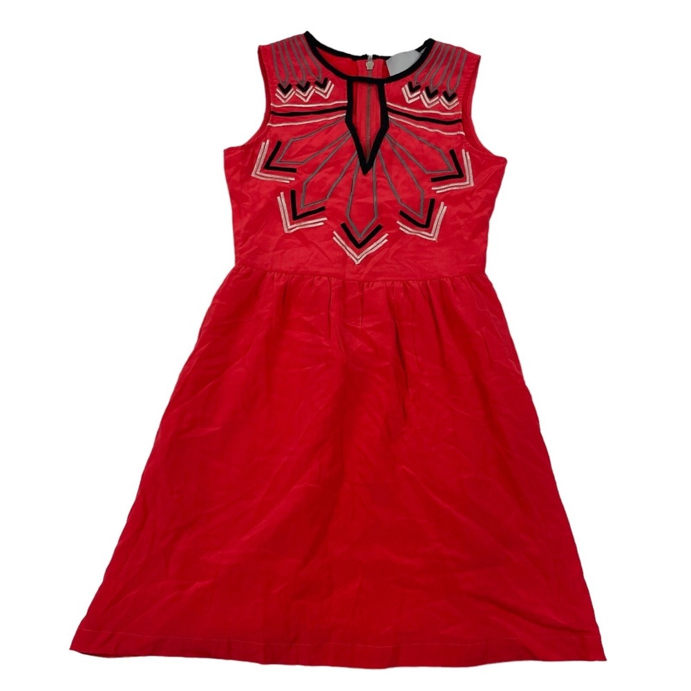 Chloe Oliver Anthropologie 100% Silk Coral Fit & Flare Dress XS Embroidered